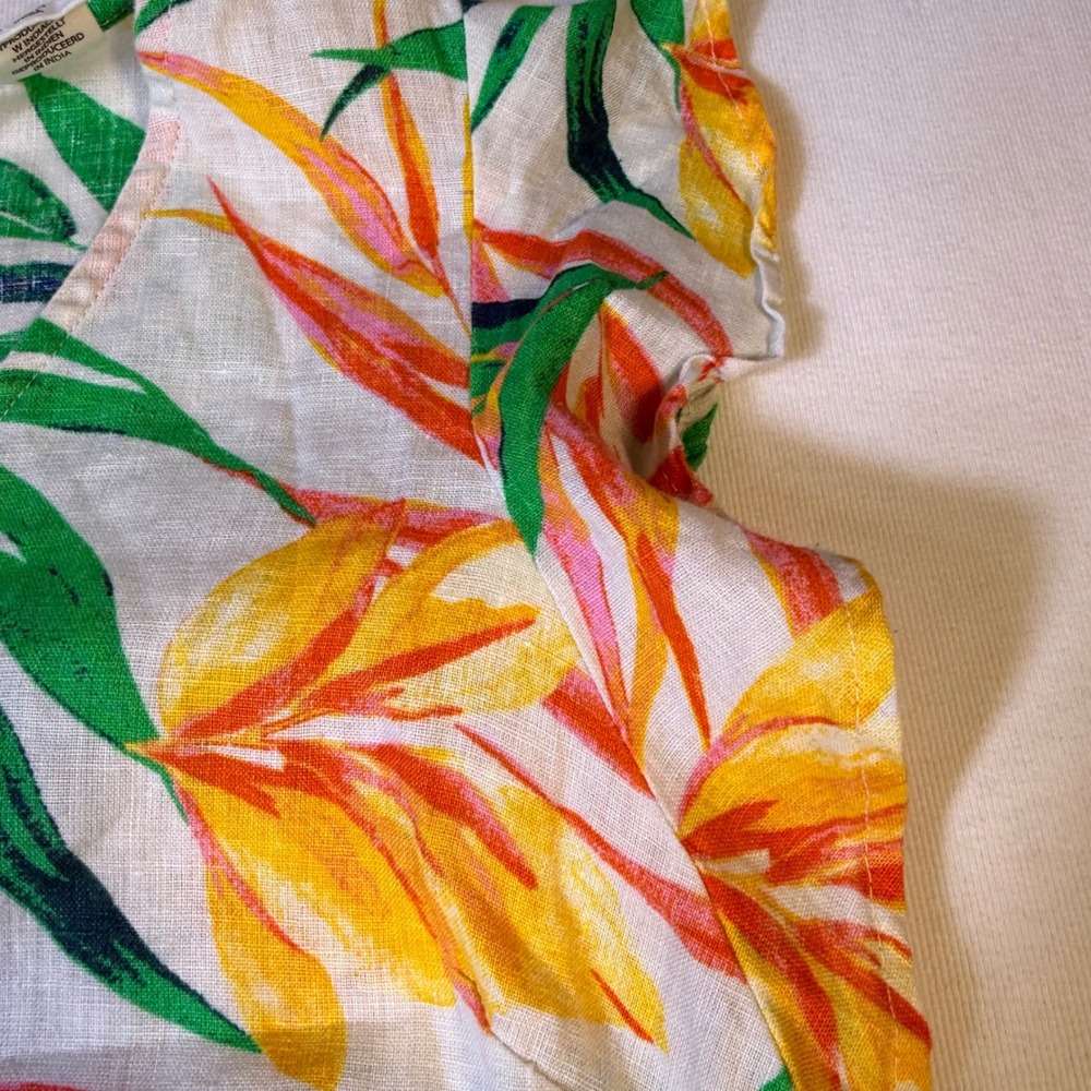 Nicole Miller Linen Tropical Floral Shift Dress S White Yellow Flutter Sleeve - Picture 12 of 15
